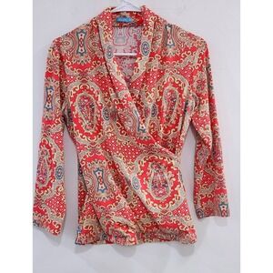 J. McLaughlin Red Paisley Faux Wrap Long Sleeve Top XS Bohemian Surplice Blouse